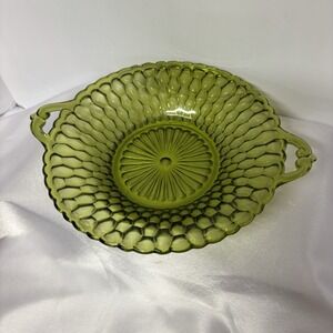 Vintage Indiana Avocado Green Glass Honeycomb Bowl Candy‎ Dish Handles